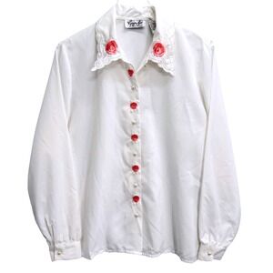 Vintage White Embroidered Rose Pearl Button Blouse Size 14 Victorian Feminine